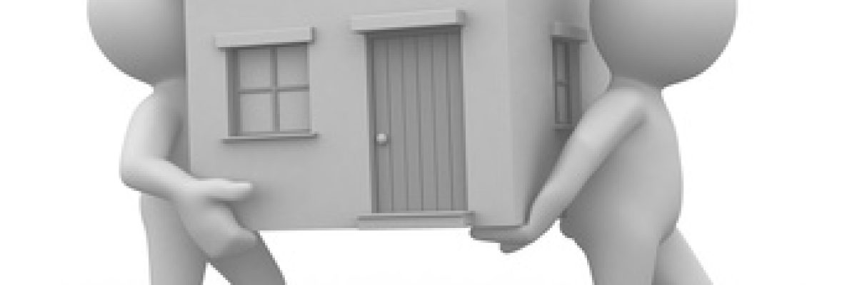 two 3d humans carry a home in their hands